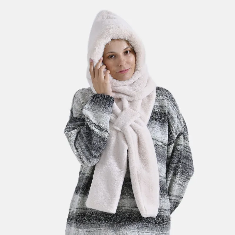 Superweicher 2-in-1-Langschal und Mütze aus hochwertigem Kunstfell, weiß