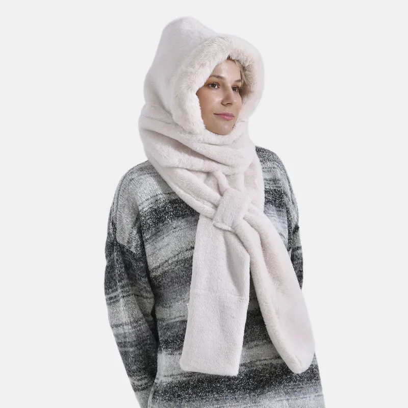 Superweicher 2-in-1-Langschal und Mütze aus hochwertigem Kunstfell, weiß