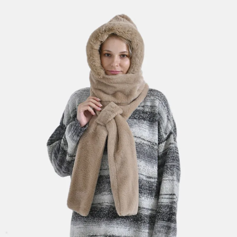 Superweicher 2-in-1-Langschal und Mütze aus hochwertigem Kunstfell, weiß