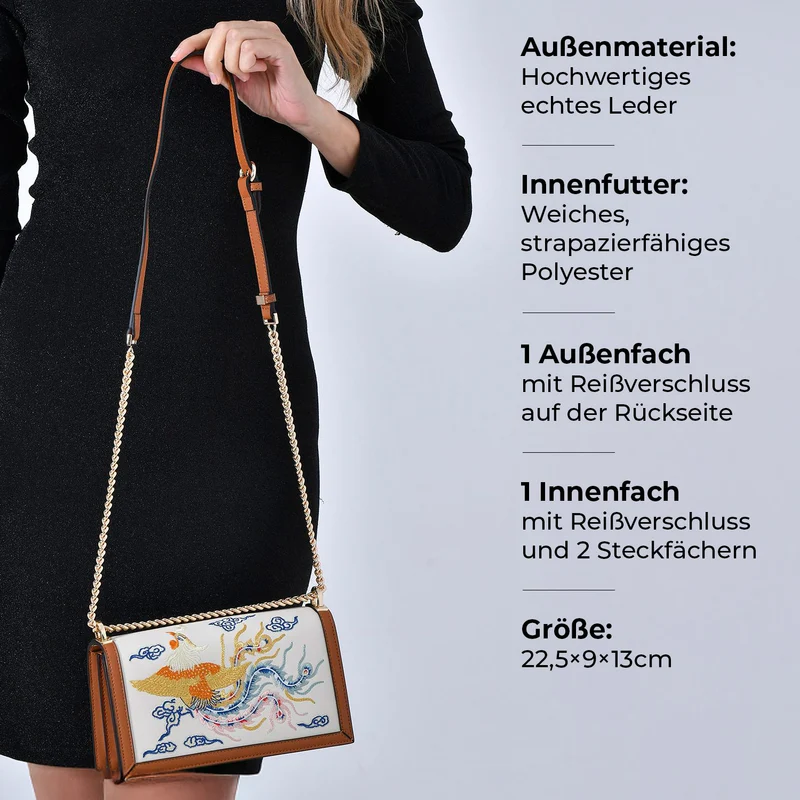 GRAND PELLE - Umhängetasche aus echtem Leder mit Blumen-Gitterstickerei, mit Henkel und Schulterriemen, 23x9x13?cm, Blau