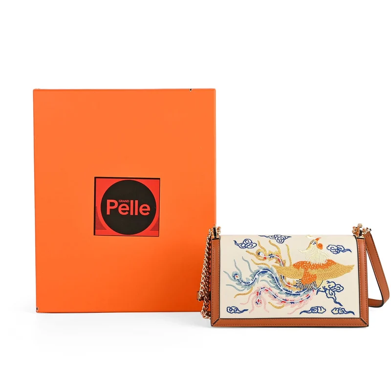 GRAND PELLE - Umhängetasche aus echtem Leder mit Blumen-Gitterstickerei, mit Henkel und Schulterriemen, 23x9x13?cm, Blau