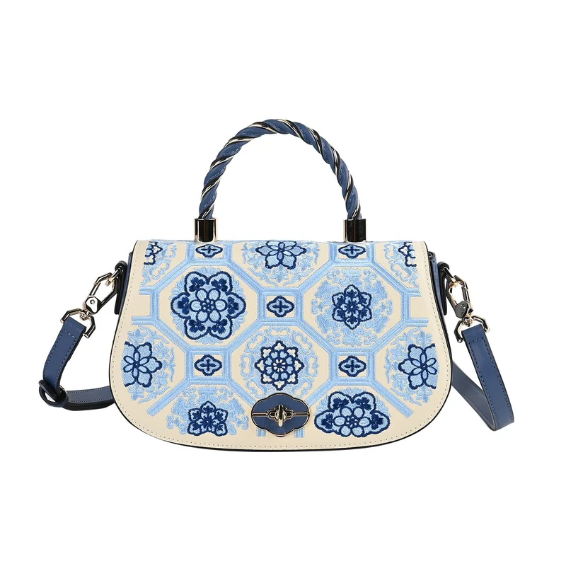 GRAND PELLE - Umhängetasche aus echtem Leder mit Blumen-Gitterstickerei, mit Henkel und Schulterriemen, 23x9x13?cm, Blau