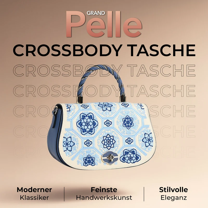GRAND PELLE - Umhängetasche aus echtem Leder mit Blumen-Gitterstickerei, mit Henkel und Schulterriemen, 23x9x13?cm, Blau