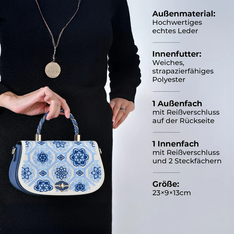 GRAND PELLE - Umhängetasche aus echtem Leder mit Blumen-Gitterstickerei, mit Henkel und Schulterriemen, 23x9x13?cm, Blau