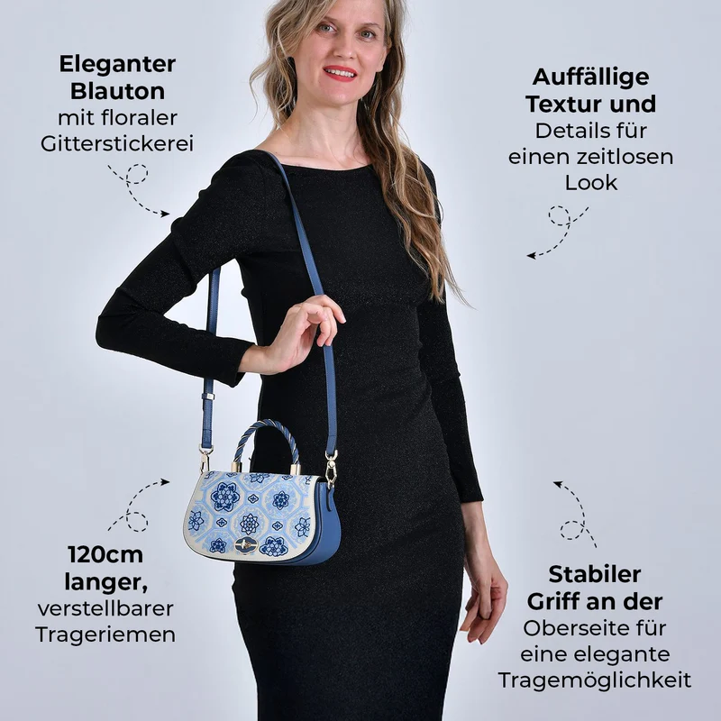 GRAND PELLE - Umhängetasche aus echtem Leder mit Blumen-Gitterstickerei, mit Henkel und Schulterriemen, 23x9x13?cm, Blau