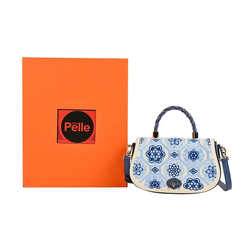 GRAND PELLE - Umhängetasche aus echtem Leder mit Blumen-Gitterstickerei, mit Henkel und Schulterriemen, 23x9x13?cm, Blau