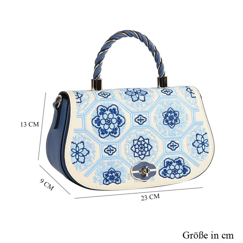 GRAND PELLE - Umhängetasche aus echtem Leder mit Blumen-Gitterstickerei, mit Henkel und Schulterriemen, 23x9x13?cm, Blau