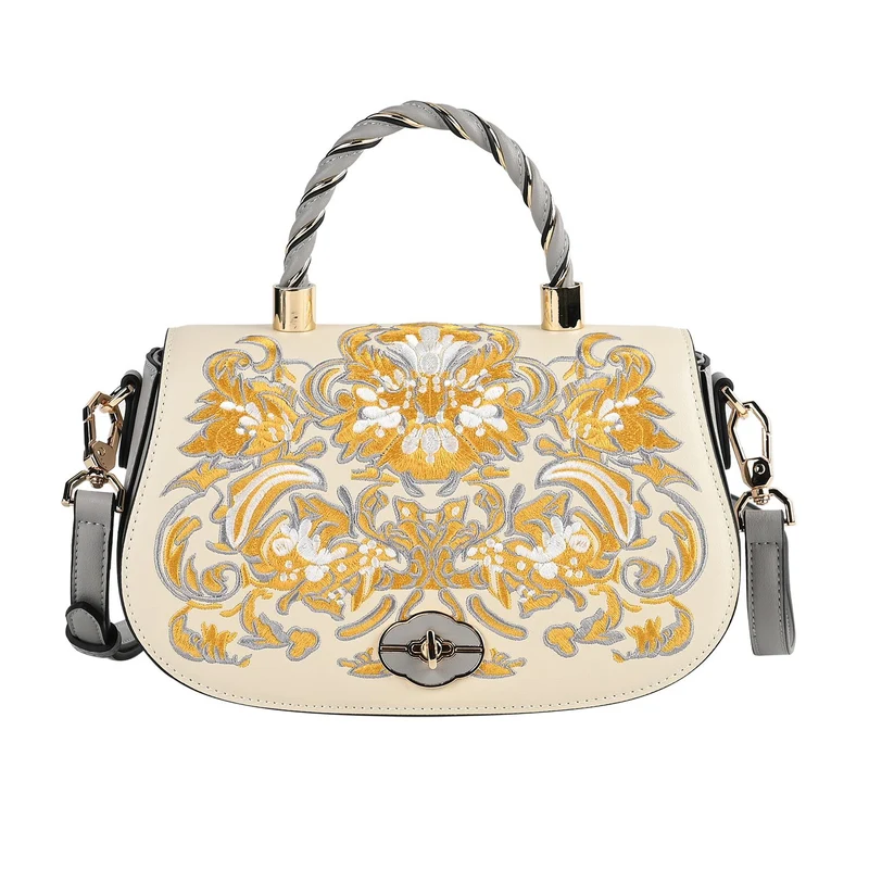 GRAND PELLE - Umhängetasche aus echtem Leder mit Blumen-Gitterstickerei, mit Henkel und Schulterriemen, 23x9x13?cm, Blau