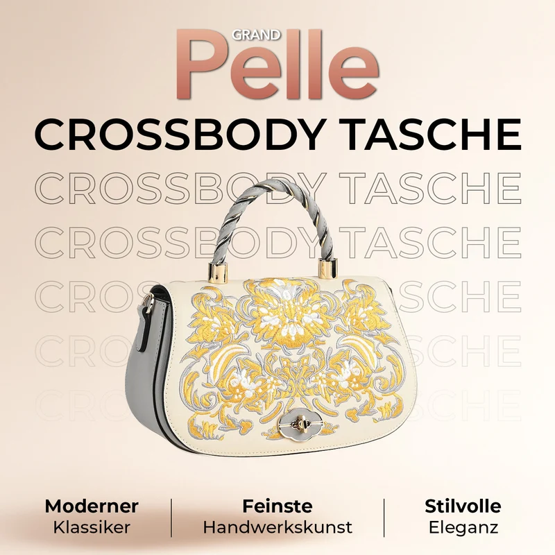 GRAND PELLE - Umhängetasche aus echtem Leder mit Blumen-Gitterstickerei, mit Henkel und Schulterriemen, 23x9x13?cm, Blau
