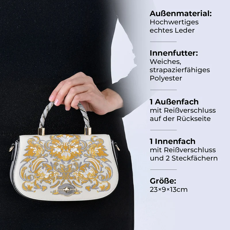 GRAND PELLE - Umhängetasche aus echtem Leder mit Blumen-Gitterstickerei, mit Henkel und Schulterriemen, 23x9x13?cm, Blau