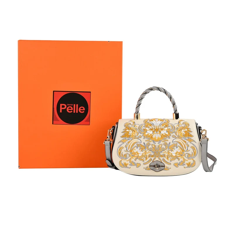 GRAND PELLE - Umhängetasche aus echtem Leder mit Blumen-Gitterstickerei, mit Henkel und Schulterriemen, 23x9x13?cm, Blau