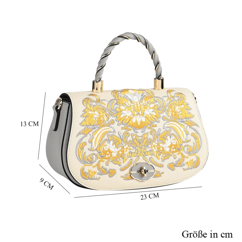GRAND PELLE - Umhängetasche aus echtem Leder mit Blumen-Gitterstickerei, mit Henkel und Schulterriemen, 23x9x13?cm, Blau