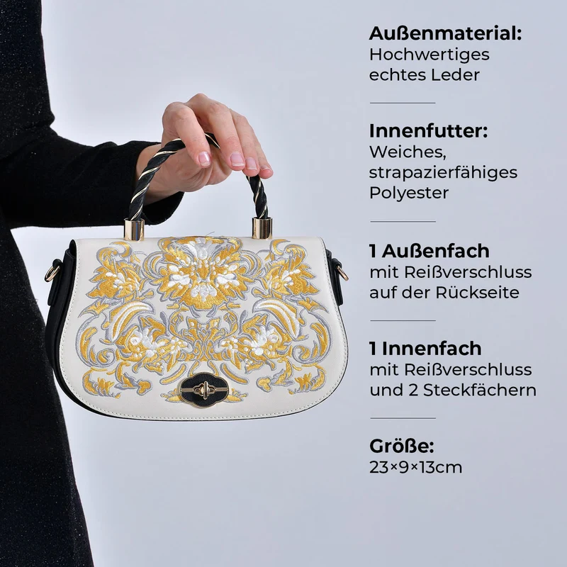 GRAND PELLE - Umhängetasche aus echtem Leder mit Blumen-Gitterstickerei, mit Henkel und Schulterriemen, 23x9x13?cm, Blau