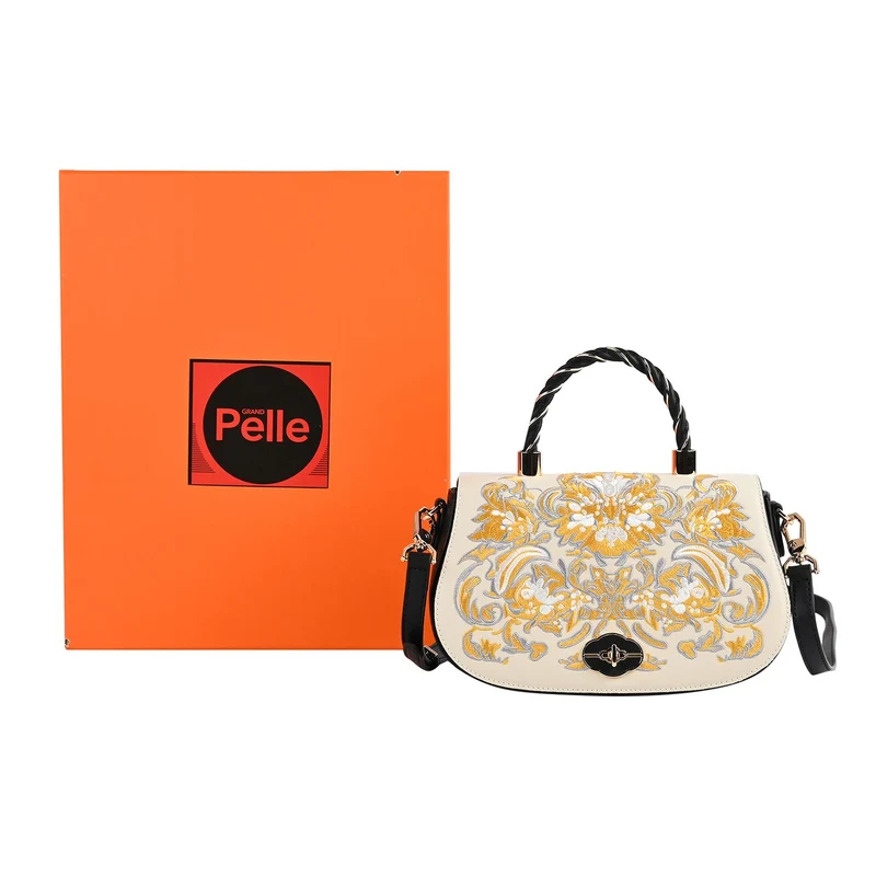 GRAND PELLE - Umhängetasche aus echtem Leder mit Blumen-Gitterstickerei, mit Henkel und Schulterriemen, 23x9x13?cm, Blau