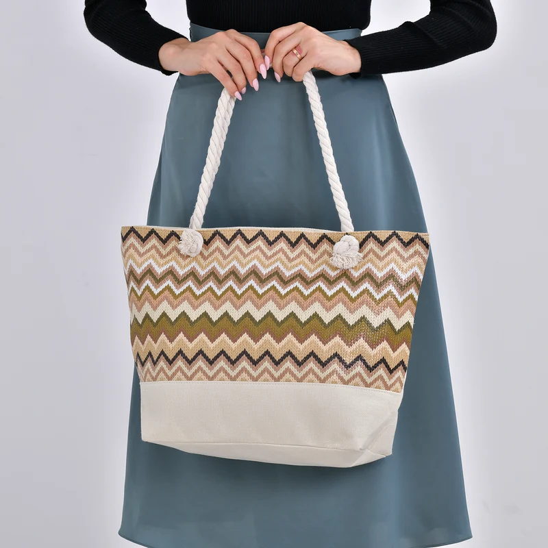 Jacquard Handtasche aus Jute mit Zig-Zag Muster, 51x34x16cm, Kaffee