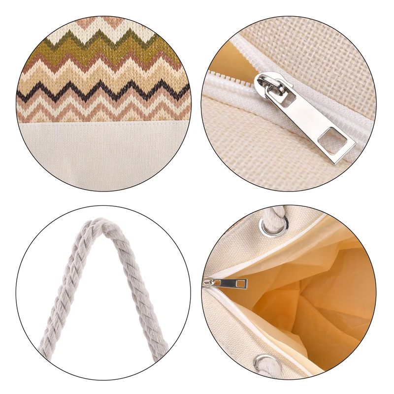 Jacquard Handtasche aus Jute mit Zig-Zag Muster, 51x34x16cm, Kaffee