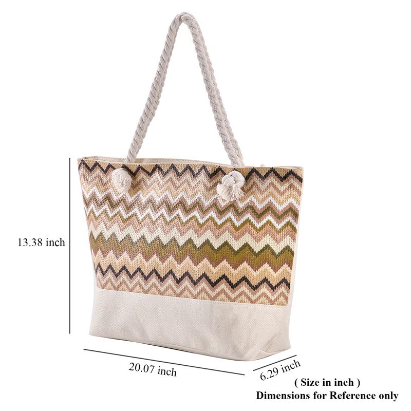 Jacquard Handtasche aus Jute mit Zig-Zag Muster, 51x34x16cm, Kaffee