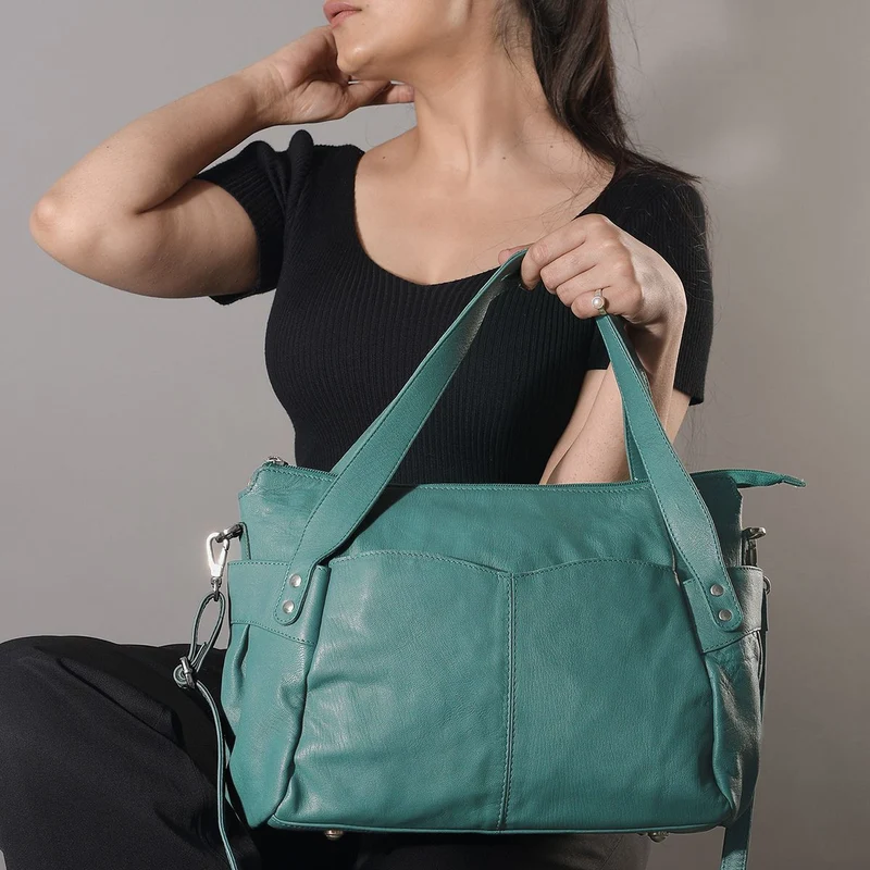 100% echte Leder Handtasche RFID Schutz, 43x28x7,5 cm, hellgrün