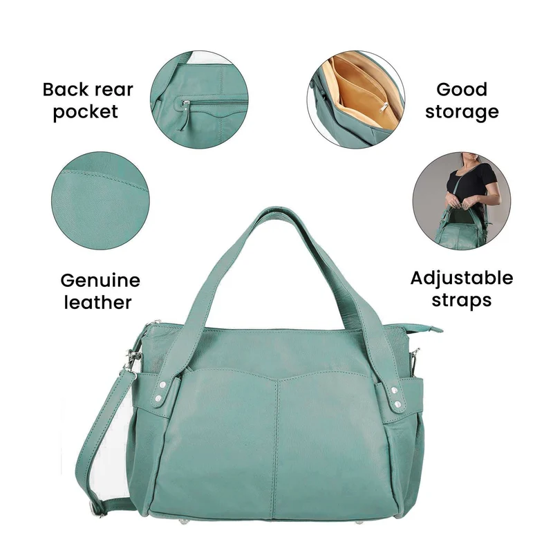 100% echte Leder Handtasche RFID Schutz, 43x28x7,5 cm, hellgrün