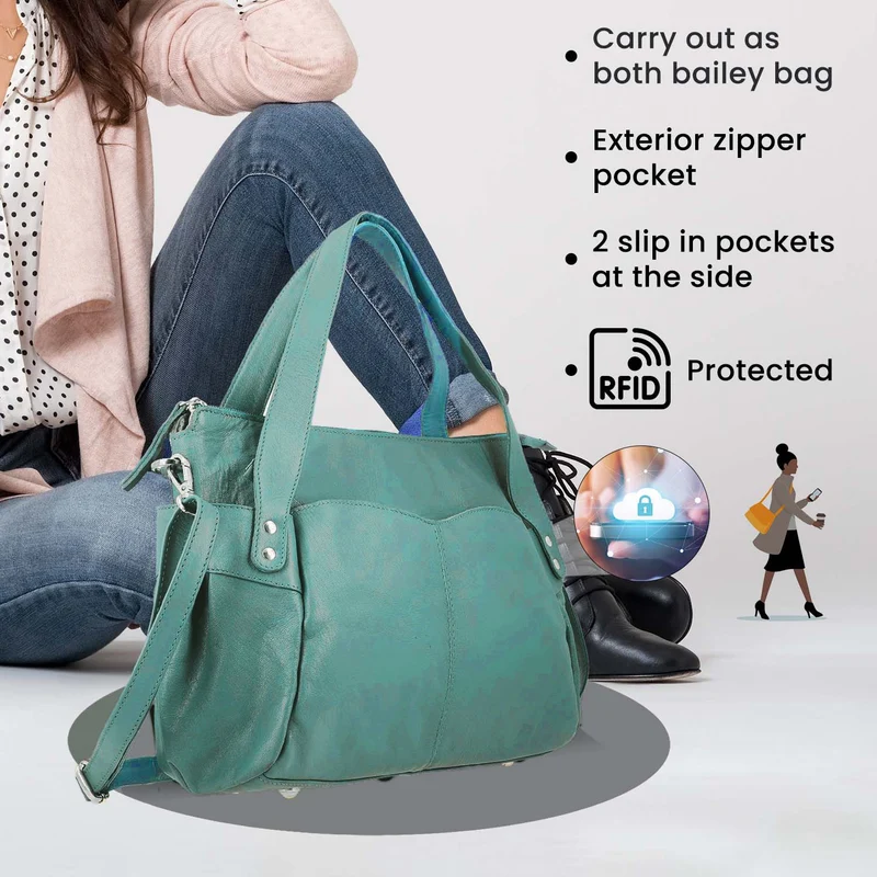 100% echte Leder Handtasche RFID Schutz, 43x28x7,5 cm, hellgrün