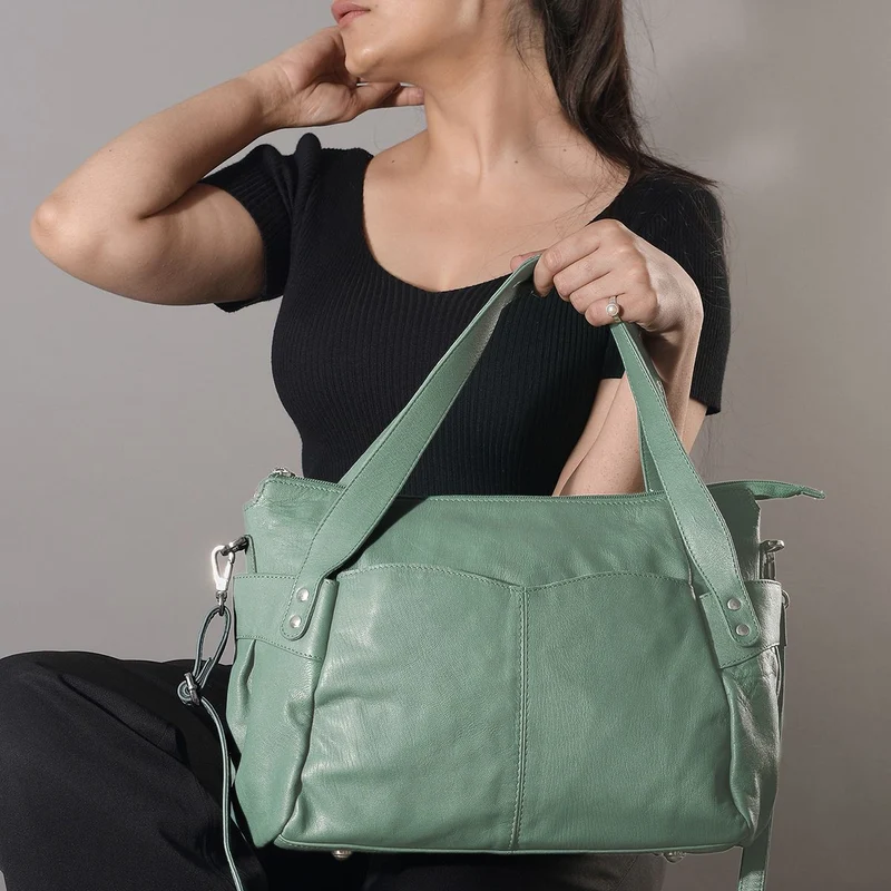 100% echte Leder Handtasche RFID Schutz, 43x28x7,5 cm, hellgrün
