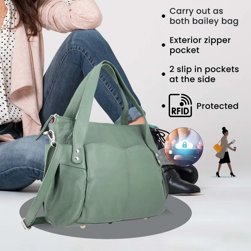 100% echte Leder Handtasche RFID Schutz, 43x28x7,5 cm, hellgrün