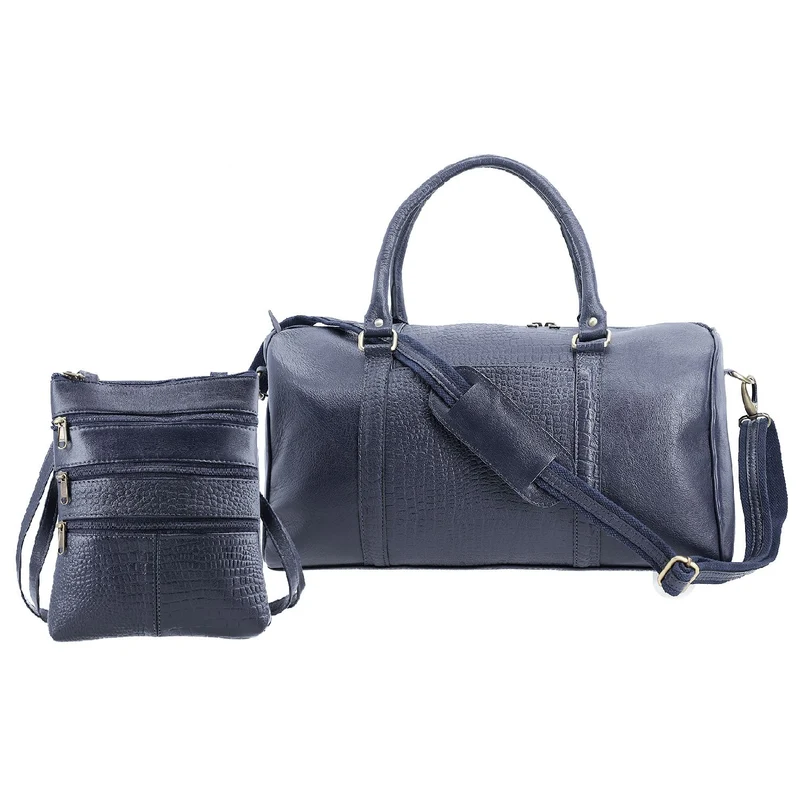 2-teiliges Reisetaschen-Set aus 100 % Echtleder, Croco-Prägung, (44 x 20 x 23 cm) und Umhängetasche (20 x 4 x 24 cm), Rot
