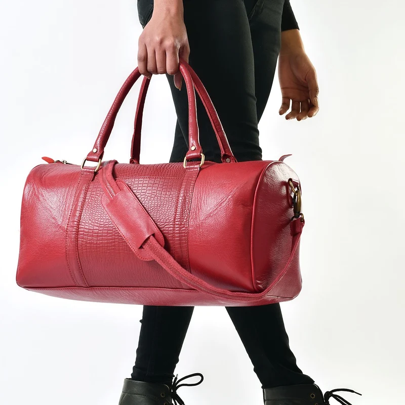 2-teiliges Reisetaschen-Set aus 100 % Echtleder, Croco-Prägung, (44 x 20 x 23 cm) und Umhängetasche (20 x 4 x 24 cm), Rot