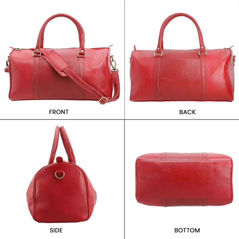 2-teiliges Reisetaschen-Set aus 100 % Echtleder, Croco-Prägung, (44 x 20 x 23 cm) und Umhängetasche (20 x 4 x 24 cm), Rot