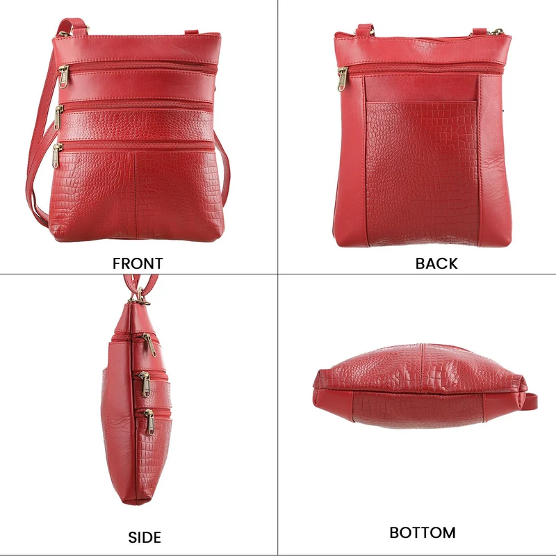 2-teiliges Reisetaschen-Set aus 100 % Echtleder, Croco-Prägung, (44 x 20 x 23 cm) und Umhängetasche (20 x 4 x 24 cm), Rot