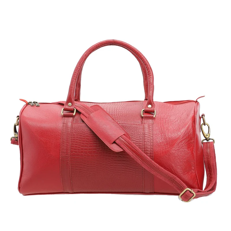 2-teiliges Reisetaschen-Set aus 100 % Echtleder, Croco-Prägung, (44 x 20 x 23 cm) und Umhängetasche (20 x 4 x 24 cm), Rot