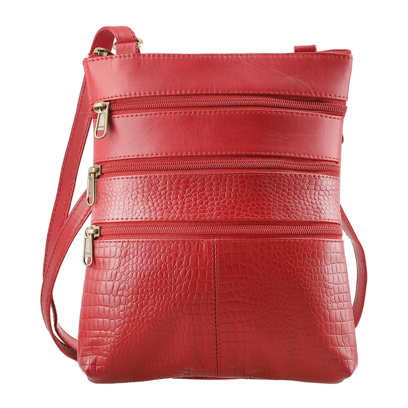 2-teiliges Reisetaschen-Set aus 100 % Echtleder, Croco-Prägung, (44 x 20 x 23 cm) und Umhängetasche (20 x 4 x 24 cm), Rot