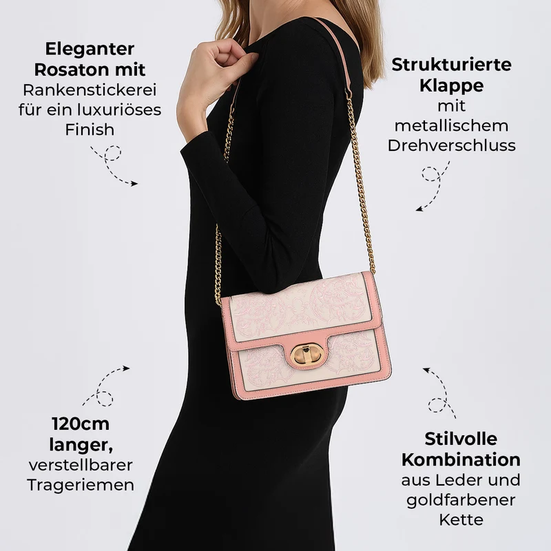 GRAND PELLE - Umhängetasche aus echtem Leder mit Stickerei, Klappdesign, Kettenriemen, 23x8x16?cm, Rosa