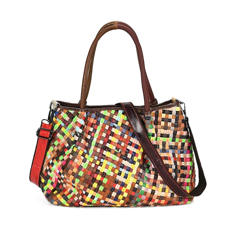 Chaos by Elsie - Echtleder Tragetasche mit RFID, Multicolor-Webmuster-Design, Größe: L39xW14xH27cm