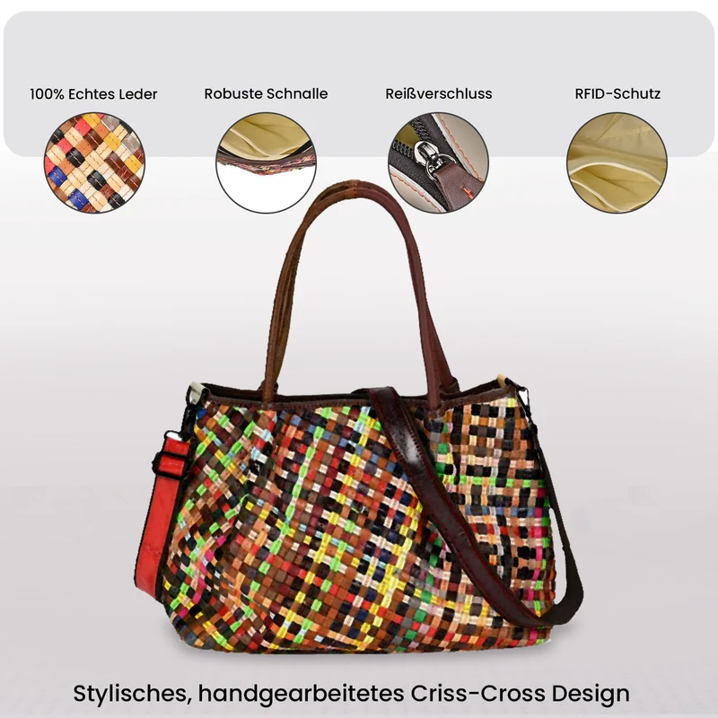 Chaos by Elsie - Echtleder Tragetasche mit RFID, Multicolor-Webmuster-Design, Größe: L39xW14xH27cm