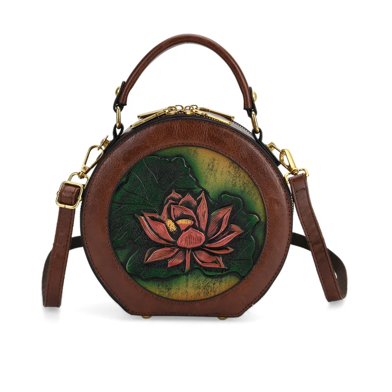 Runde Crossbody-Bag mit Lotus-Prägung, 19x8x18 cm, Braun