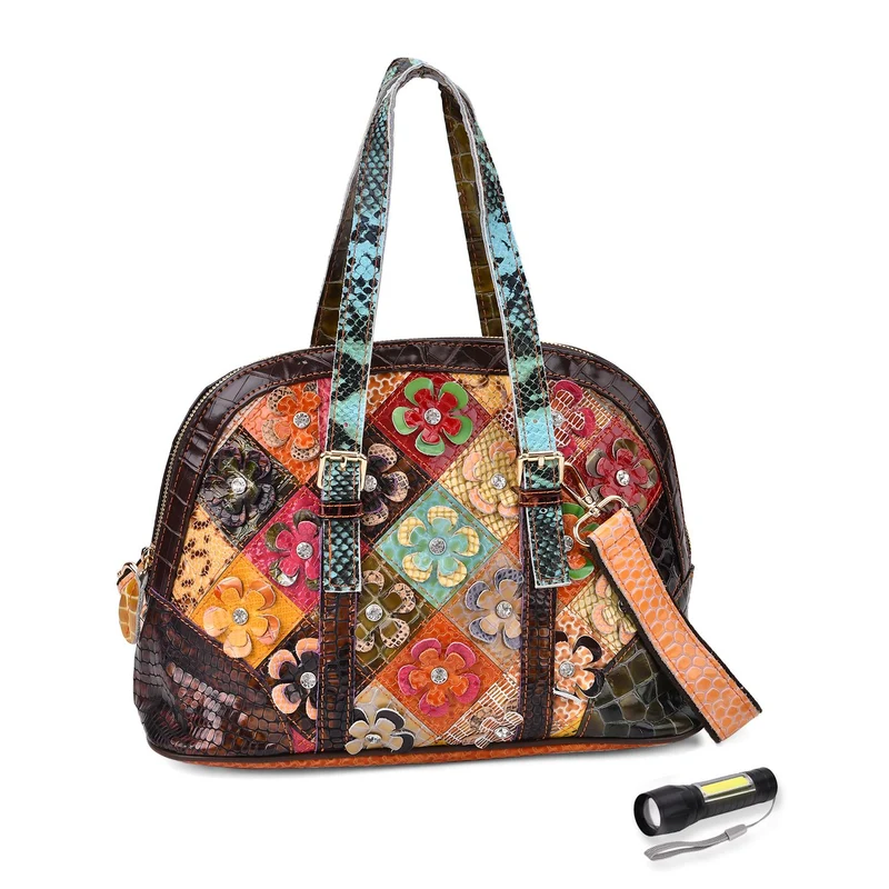 Chaos by Elsie - Crossbody-Tasche aus Echtleder mit Rhombus-Design und Mini-Taschenlampe, RFID-Schutz, 32x14.5x24 cm
