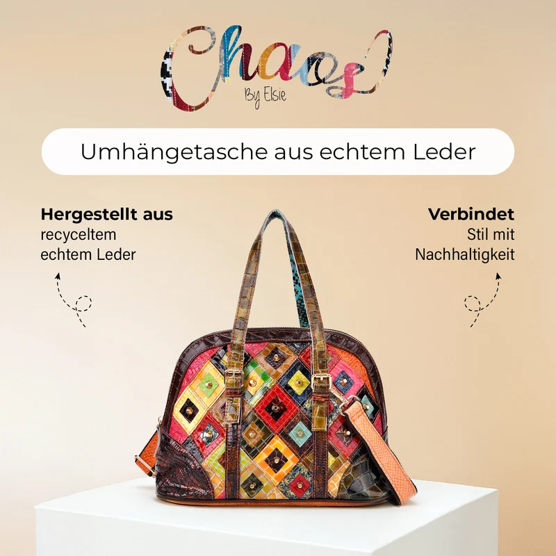 Chaos by Elsie - Crossbody-Tasche aus Echtleder mit Rhombus-Design und Mini-Taschenlampe, RFID-Schutz, 32x14.5x24 cm
