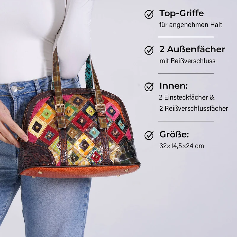 Chaos by Elsie - Crossbody-Tasche aus Echtleder mit Rhombus-Design und Mini-Taschenlampe, RFID-Schutz, 32x14.5x24 cm
