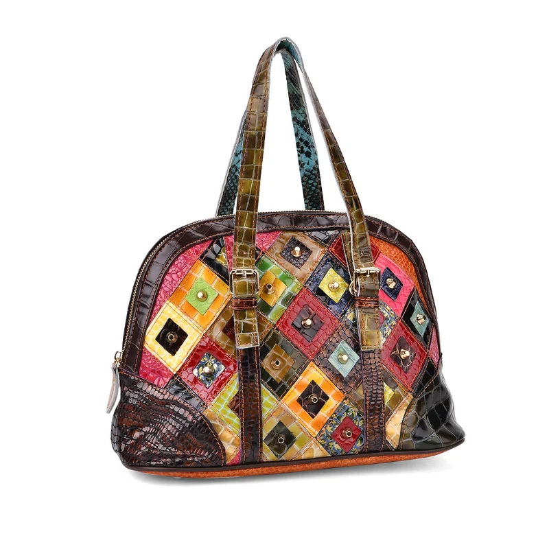 Chaos by Elsie - Crossbody-Tasche aus Echtleder mit Rhombus-Design und Mini-Taschenlampe, RFID-Schutz, 32x14.5x24 cm