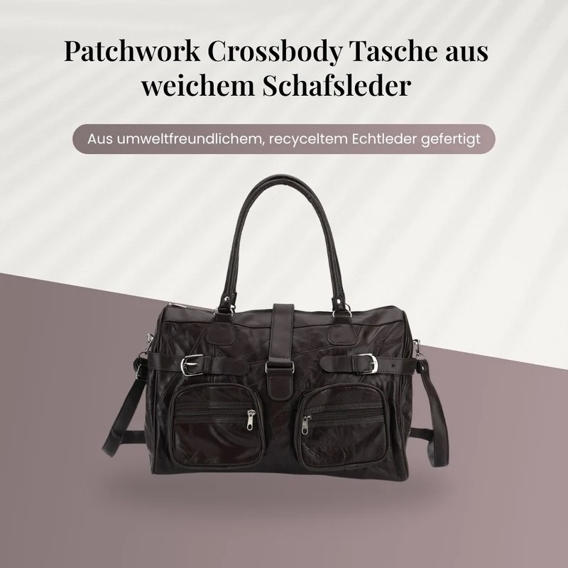 Patchwork-Umhängetasche aus Schafleder, 40 x 16,5 x 25,5 cm, Schwarz