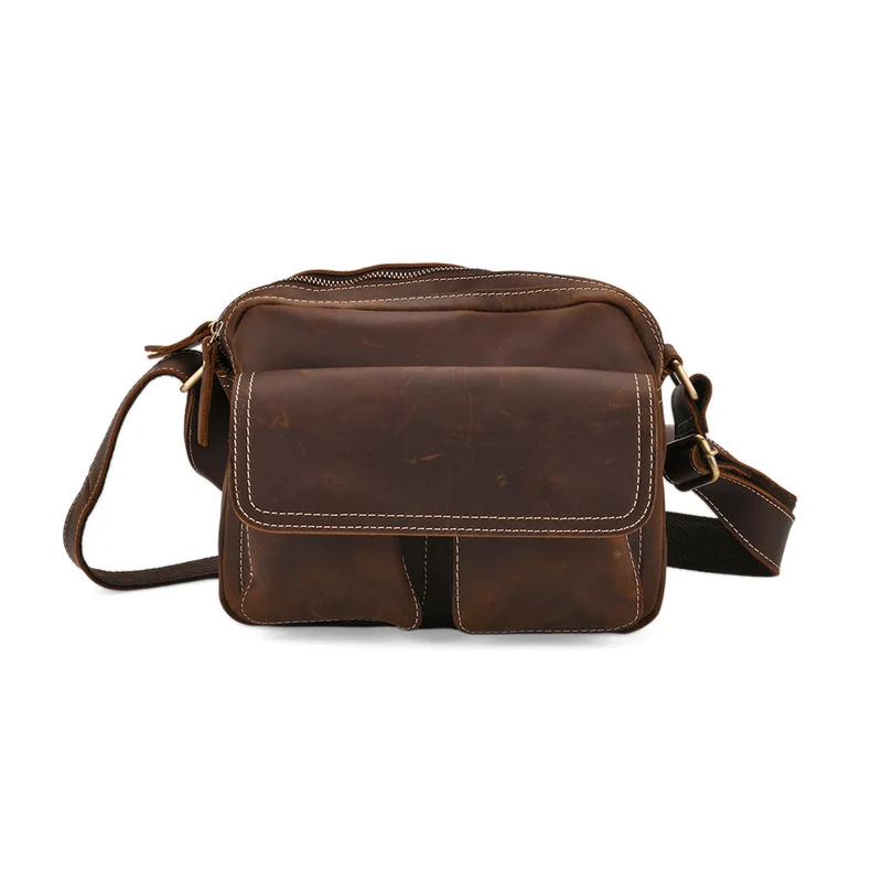 Echtleder-Crossbody-Tasche mit Überschlag und Mehrfachfächern, 25x8x18 cm, Khaki