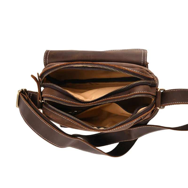 Echtleder-Crossbody-Tasche mit Überschlag und Mehrfachfächern, 25x8x18 cm, Khaki