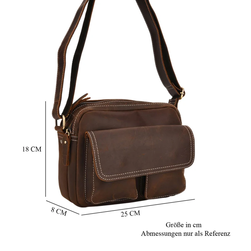 Echtleder-Crossbody-Tasche mit Überschlag und Mehrfachfächern, 25x8x18 cm, Khaki