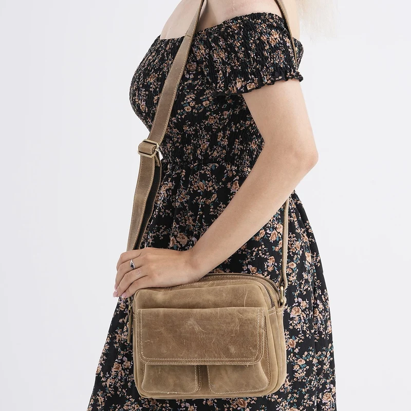 Echtleder-Crossbody-Tasche mit Überschlag und Mehrfachfächern, 25x8x18 cm, Khaki