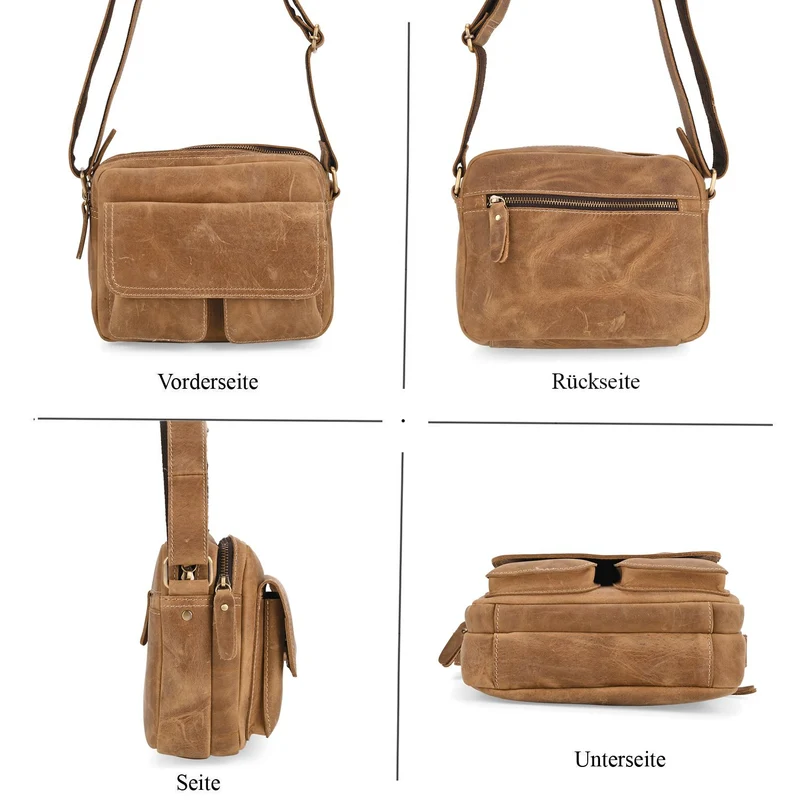 Echtleder-Crossbody-Tasche mit Überschlag und Mehrfachfächern, 25x8x18 cm, Khaki