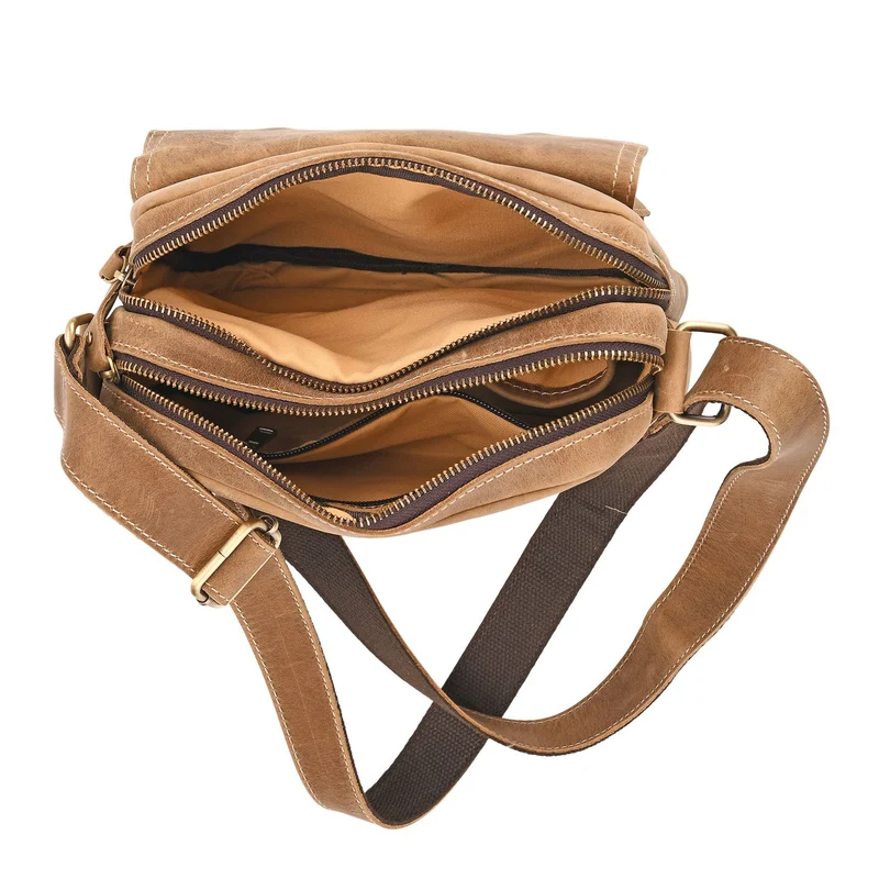 Echtleder-Crossbody-Tasche mit Überschlag und Mehrfachfächern, 25x8x18 cm, Khaki
