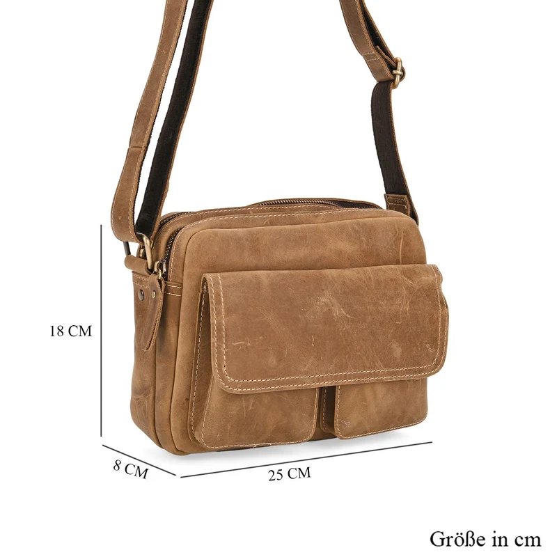Echtleder-Crossbody-Tasche mit Überschlag und Mehrfachfächern, 25x8x18 cm, Khaki