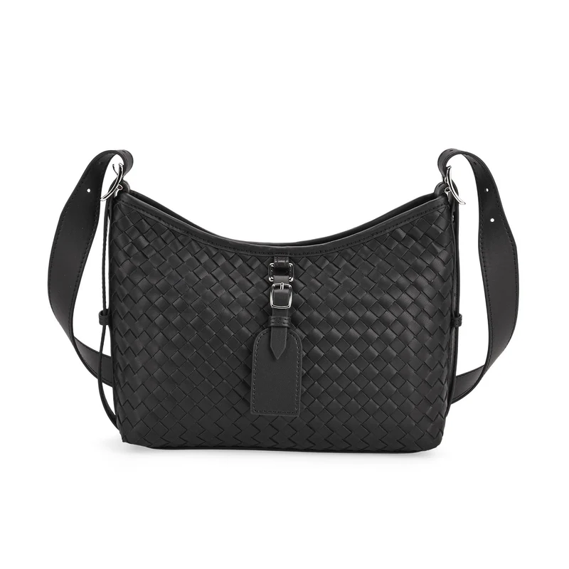 Echtleder-Crossbody-Bag im Flechtdesign, 27x9x20 cm, Schwarz