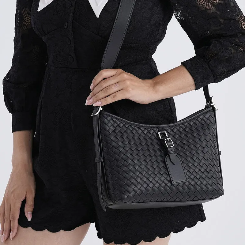 Echtleder-Crossbody-Bag im Flechtdesign, 27x9x20 cm, Schwarz
